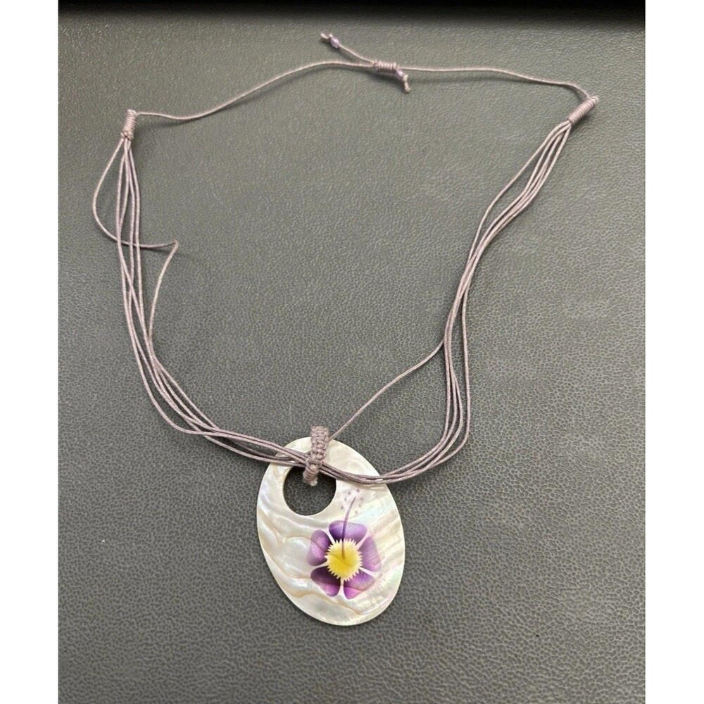 Painted Mother of Pearl Shell Pendant Necklace 22" Boho Hawaiian Polynesian Styl